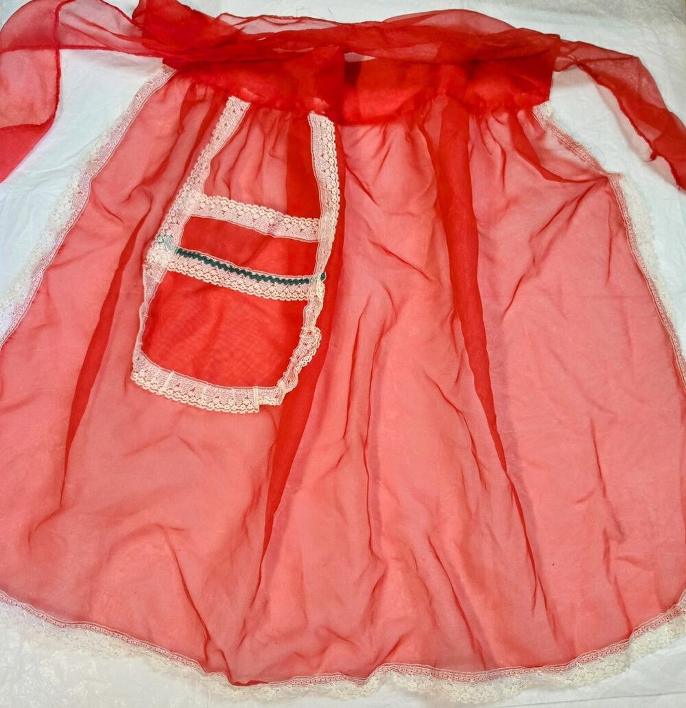 Vintage Holiday Half Apron Sheer Red With White Lace Accents MCM 1950s READ